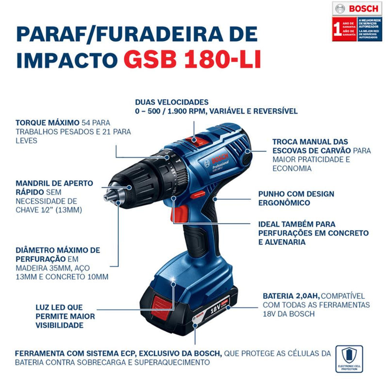 Furadeira Parafusadeira 18V Impacto GSB 180-LI BIVOLT + Estojo Brocas X-Line 30 Peças BOSCH