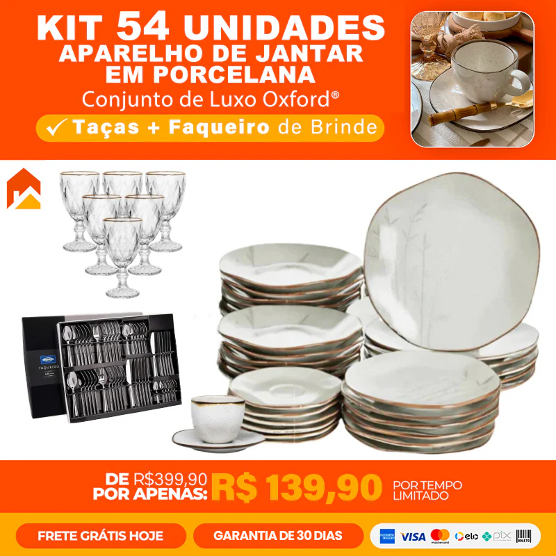 Kit 54 Aparelhos de Jantar em Porcelana de Luxo Oxford® + 6 Taças e Faqueiro de brinde