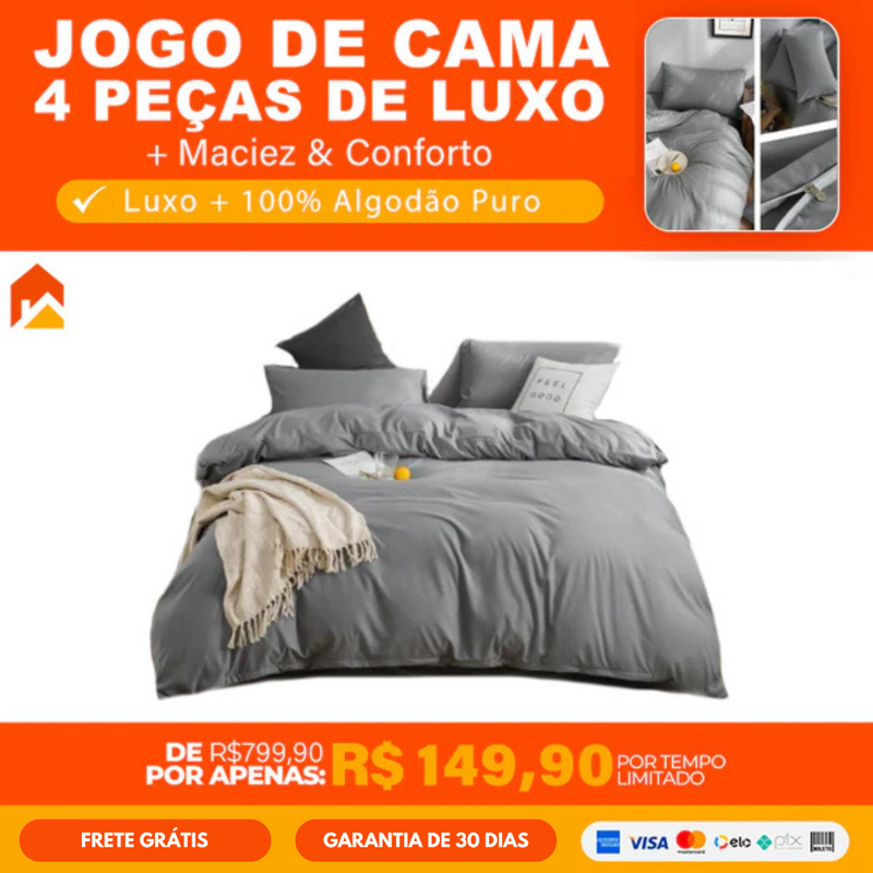 Jogo de Cama 4 Peças de Luxo em Algodão 100% Puro