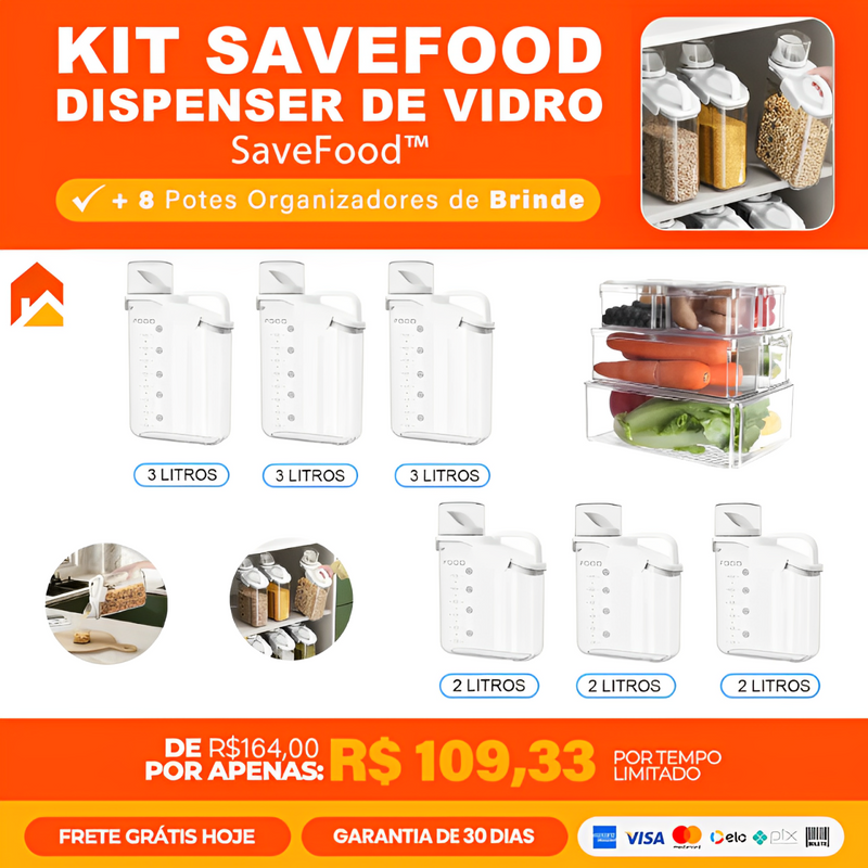 Kit Savefood™ - Dispenser De Vidro Para Alimentos + Potes organizadores de brinde