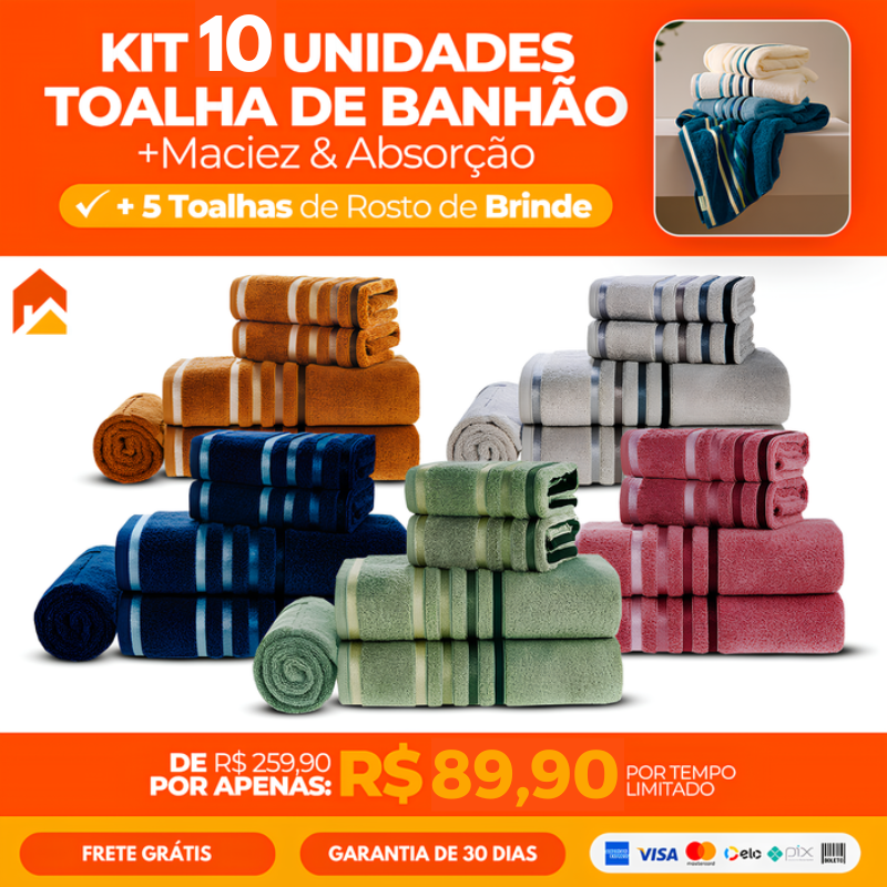 Kit com 10 Toalhas Banhão de Alta Maciez e Absorção + 5 Toalhas de Rosto de Brinde