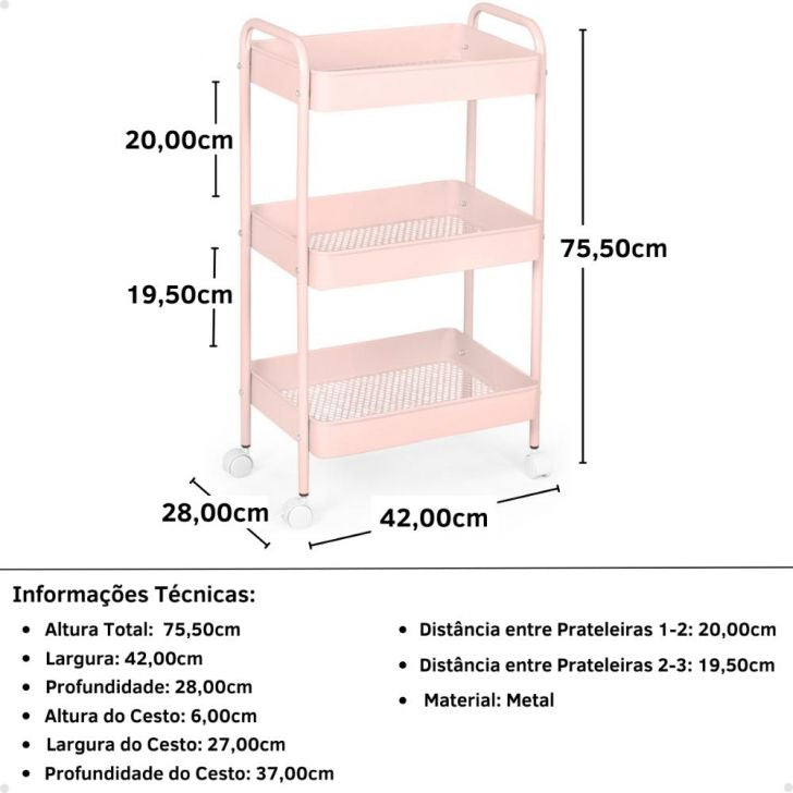 Carrinho Multiuso Organizador 3 Prateleiras - Rosa