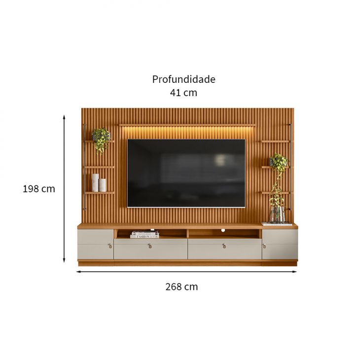 Rack com Painel para TV até 75 Polegadas Ouro Preto 2 PT 2 GV Nature e Off White