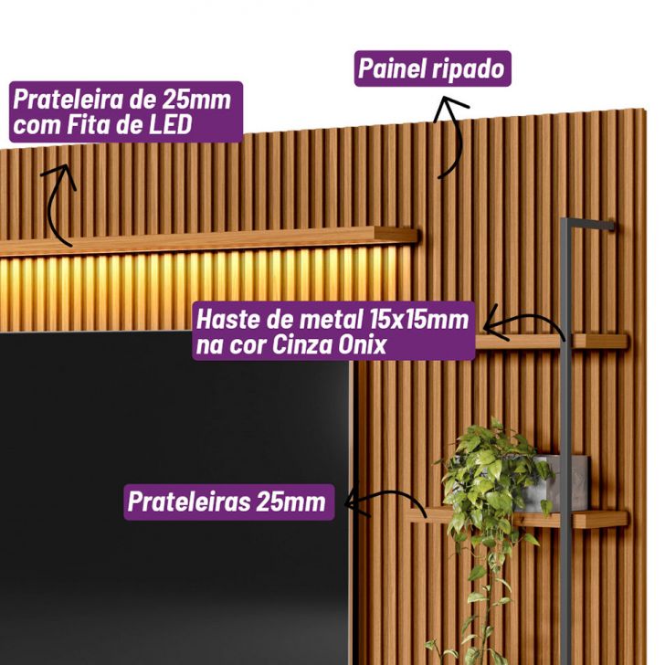 Rack com Painel para TV até 75 Polegadas Ouro Preto 2 PT 2 GV Nature e Off White