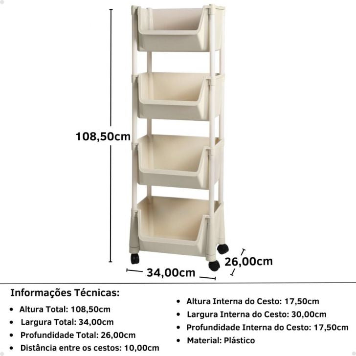 Kit 2 Carrinho Multiuso 4 Prateleiras em Plástico com Rodízio - Creme