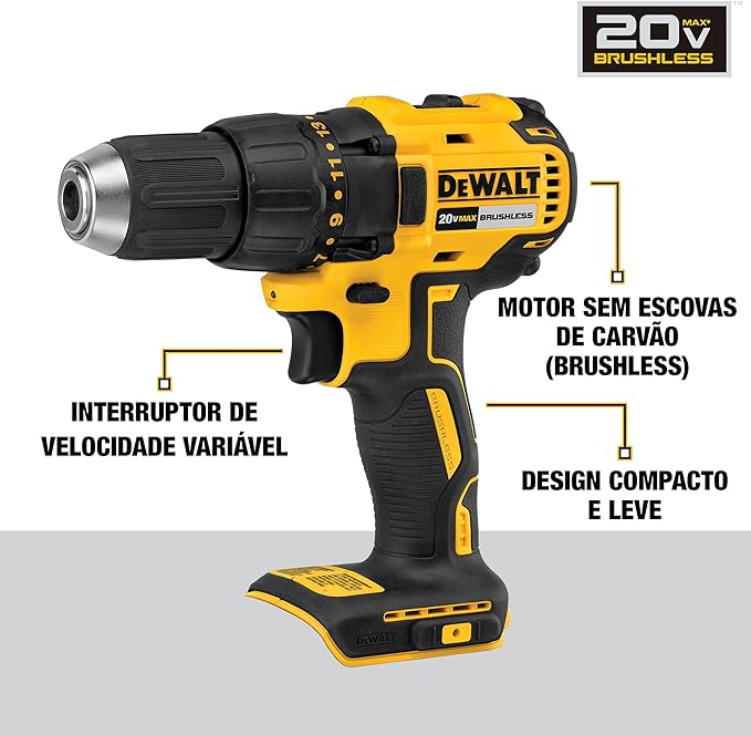 DEWALT Parafusadeira e Furaderia de Impacto de 1/2 Pol. (13mm) a Bateria 20V MAX* Litio-Ion sem Fio